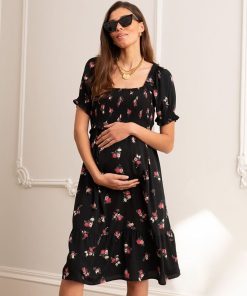 Ropa Premama Seraphine | Vestido Fruncido De Maternidad A Lactancia Con Estampado Floral Negro