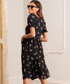 Ropa Premama Seraphine | Vestido Fruncido De Maternidad A Lactancia Con Estampado Floral Negro