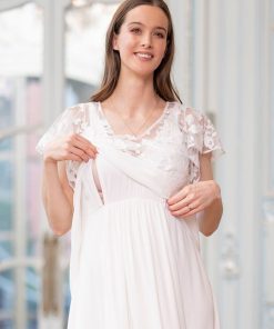 Ropa Premama Seraphine | Vestido De Novia Premama Y Lactancia Largo De Gasa De Seda Y Encaje Marfil