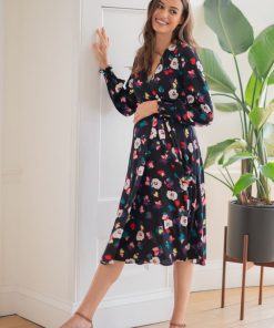 Ropa Premama Seraphine | Vestido Premama Midi Con Estampado Floral En Color Negro