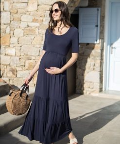 Ropa Premama Seraphine | Maxivestido Premama Y De Lactancia De Punto Azul Marino