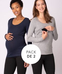 Ropa Premama Seraphine | Camiseta Lactancia Premama- Pack De 2 Azul Y Gris