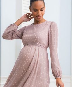 Ropa Premama Seraphine | Vestido Premama De Gasa Con Lunares Blancos Y Topo